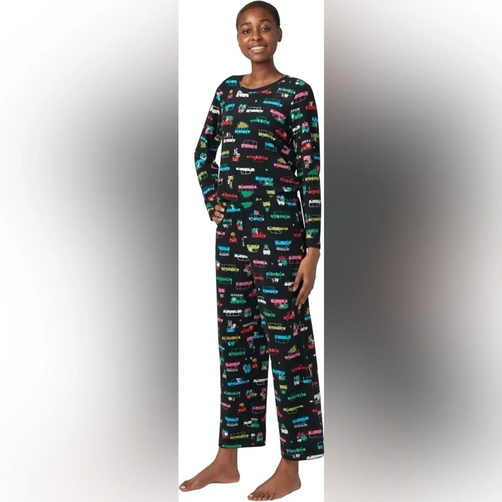 HUE Waffle Fleece Pajama Set XL Black Print 2-Piece Long Sleeve NWOT - Picture 1 of 7